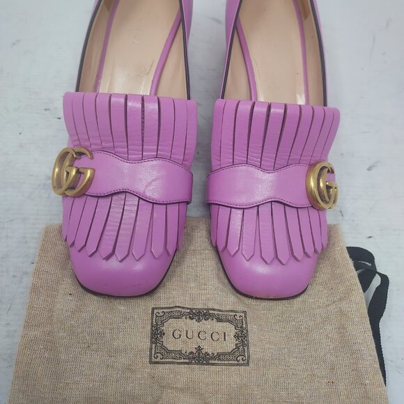 Gucci Marmont GG Candy Mousse Pink Smooth Leather Fringe Pump - Picture 7 of 12